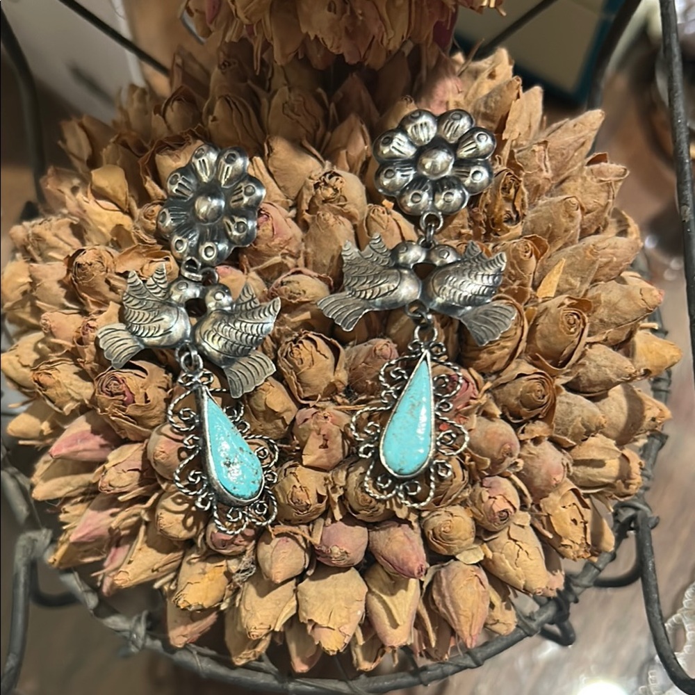 Silver and Turquoise Floral Bird Earrings